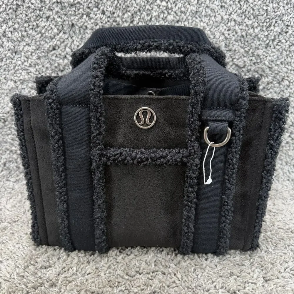 lululemon Boxy Mini Tote Bag 4.5L Black Faux Shearling Trim Handbag Purse New